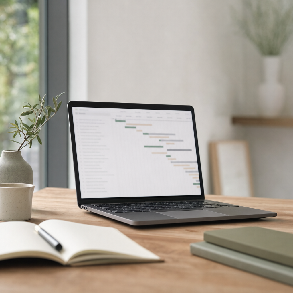 Escena ilustrativa de planificación de proyectos con un diagrama de Gantt desenfocado
